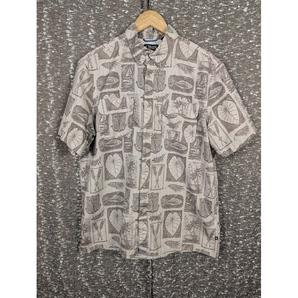 Chaps Boating Nautical Brown‎ Button Up Collared Shirt Short Sleeve Men's Large - Picture 1 of 9